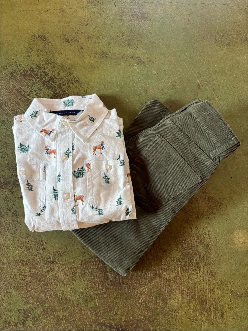 Boys Janie & Jack Olive Corduroy Pants and Christmas Button Up Shirt NWT